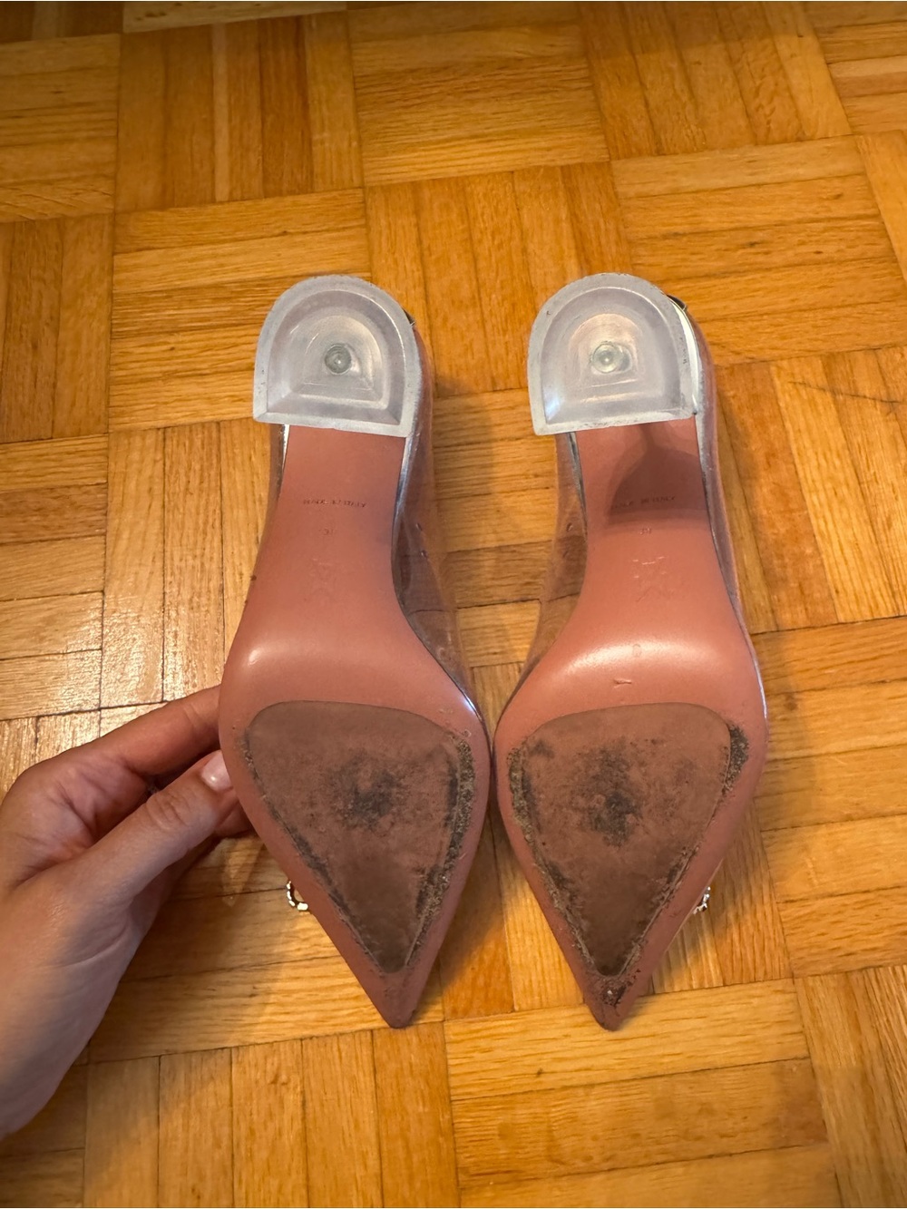 Amina Muaddi Clear PVC Pointed Pumps with Crystal Bow & Silver Trim - Picture 3 of 5